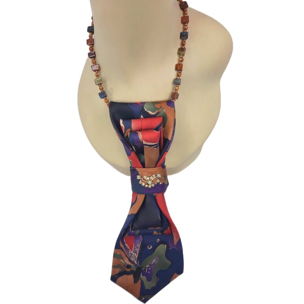 Vintage Silk Tie Necklace Handmade Fall Tones Beaded Rhinestone MCM Accent OOAK